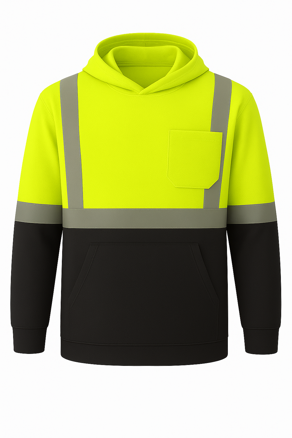 High-visibility hoodie with reflective stripes on a white background