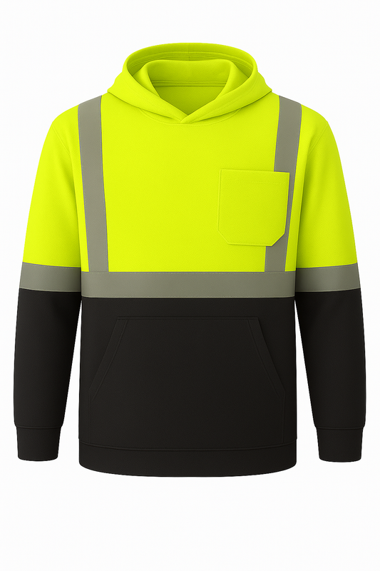 High-visibility hoodie with reflective stripes on a white background
