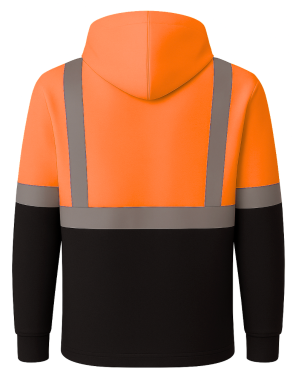 Orange and black hoodie with reflective stripes on a white background