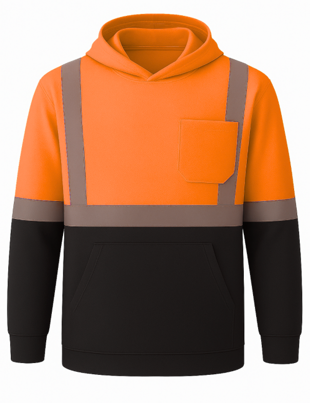 Orange and black hoodie with reflective stripes on a white background