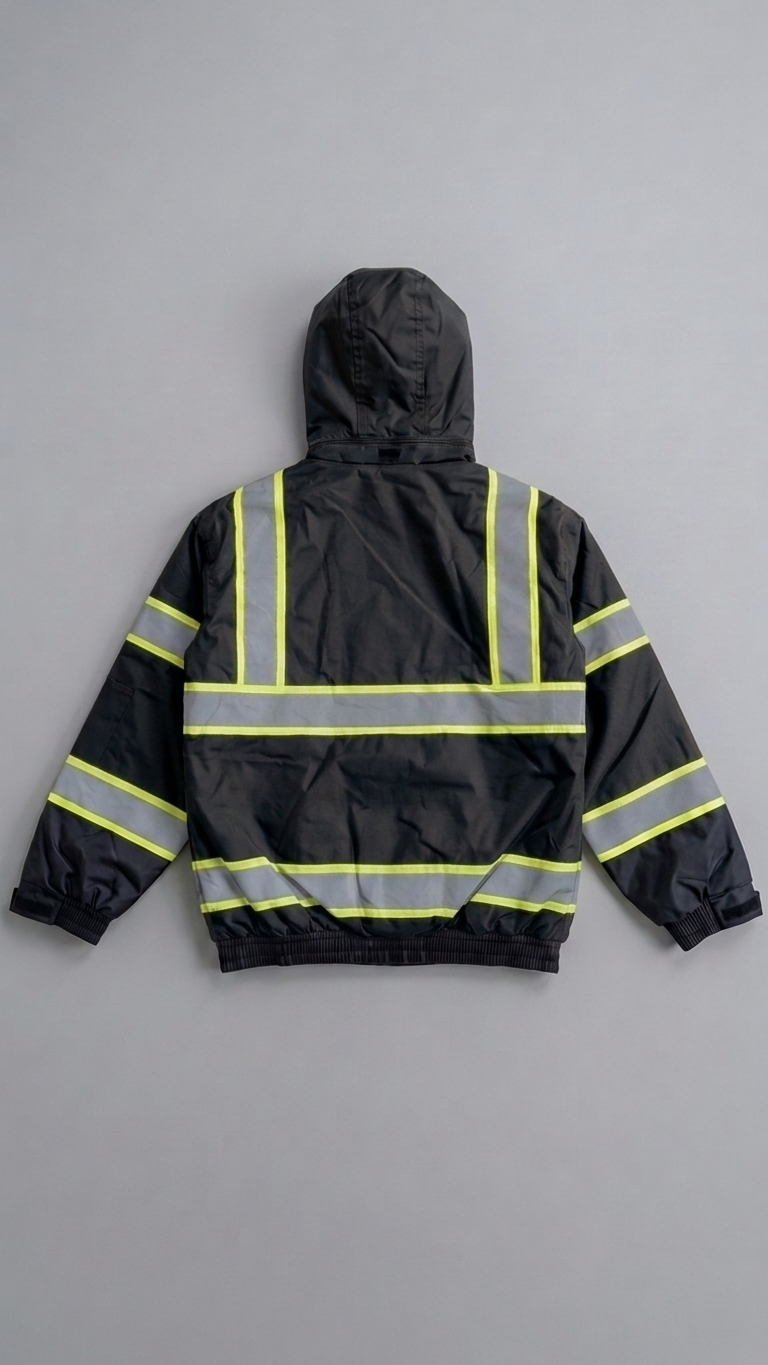 Black safety jacket with reflective stripes on a gray background
