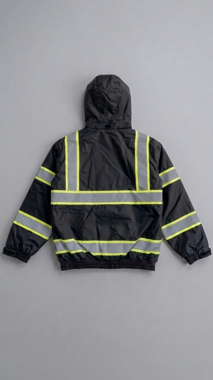 Black safety jacket with reflective stripes on a gray background