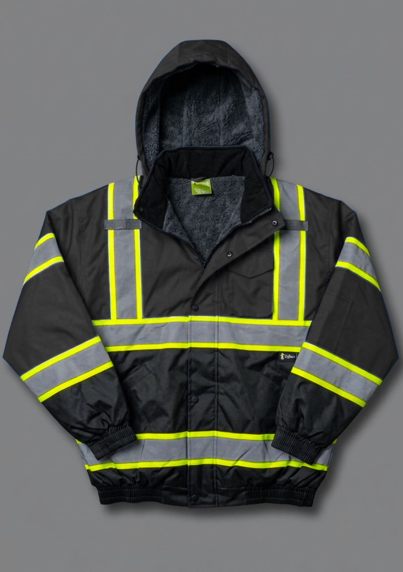 Black safety jacket with reflective yellow and gray stripes on a gray background