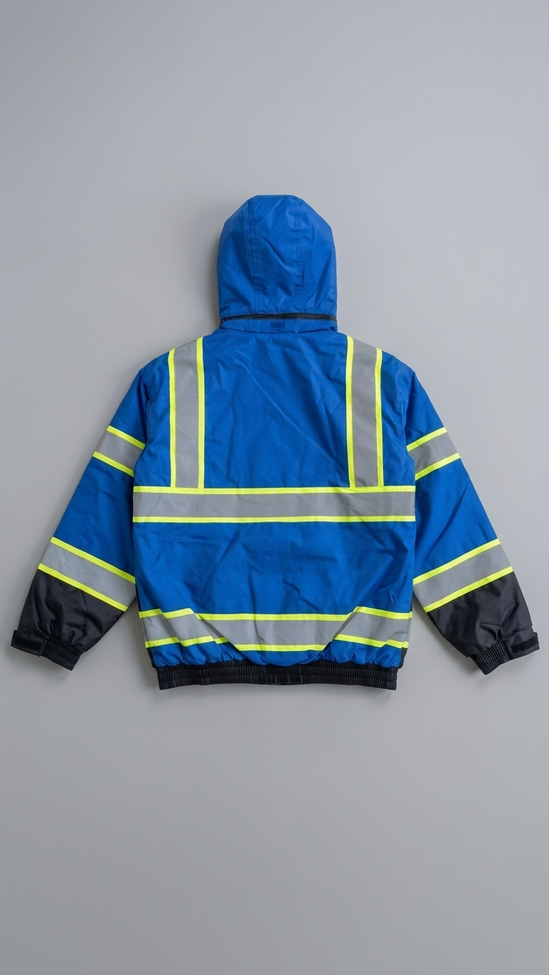 Blue safety jacket with reflective stripes on a gray background