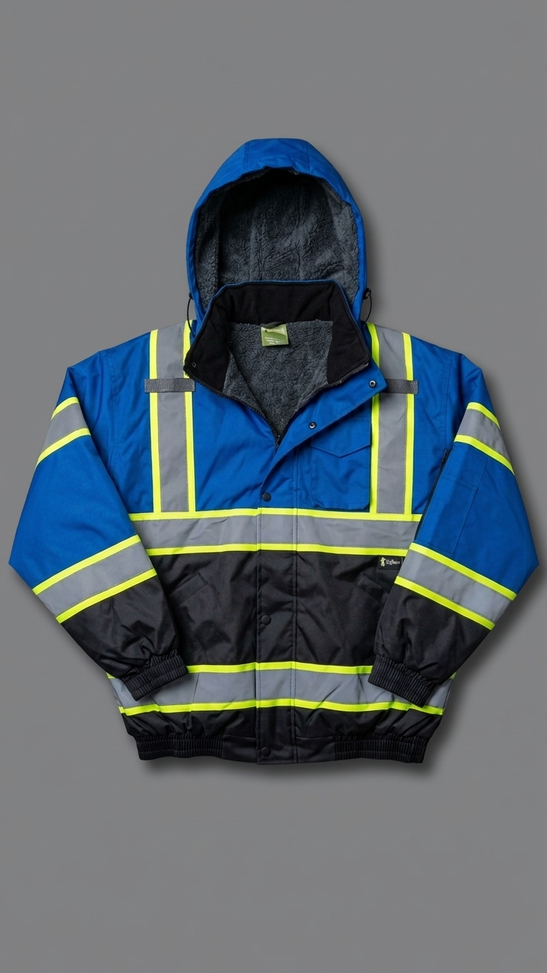 Blue and black safety jacket with reflective stripes on a gray background