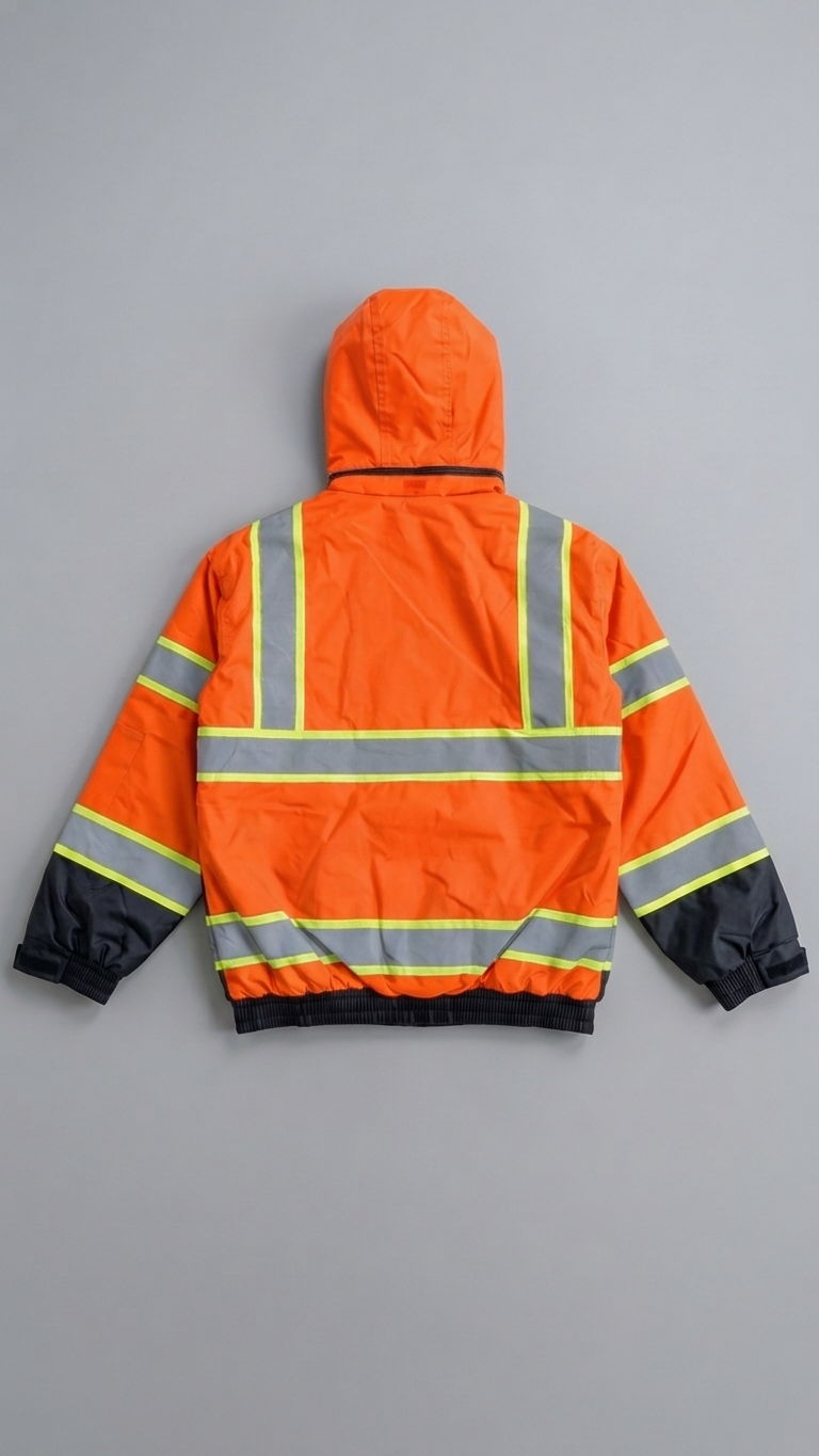Orange safety jacket with reflective stripes on a gray background