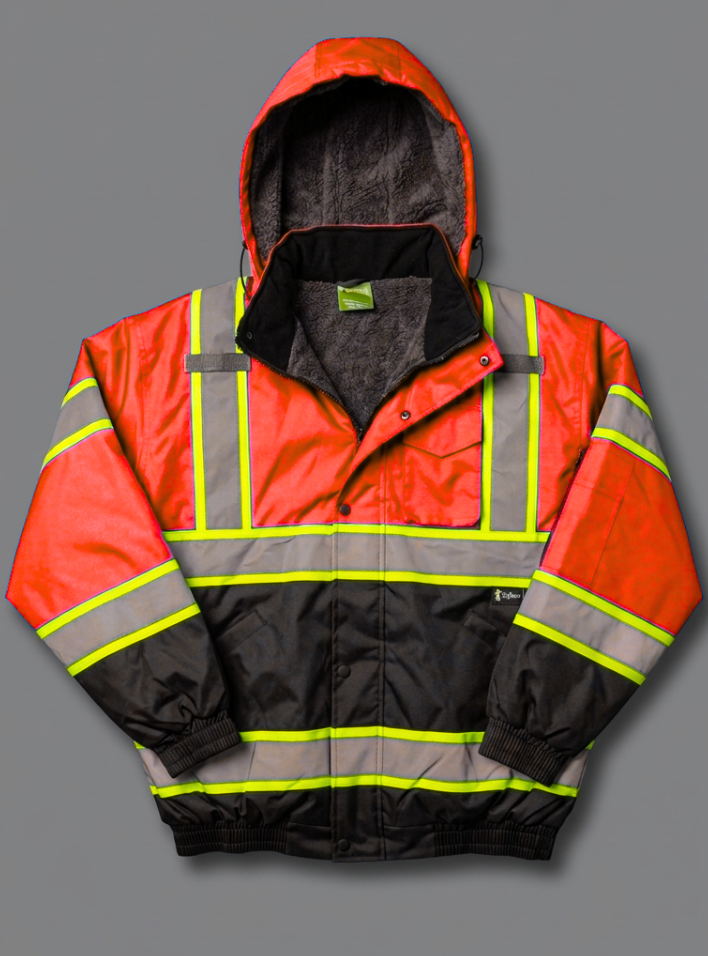 orange and black safety jacket with reflective stripes on a gray background