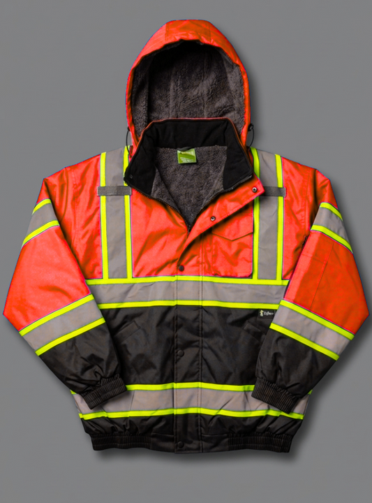 orange and black safety jacket with reflective stripes on a gray background
