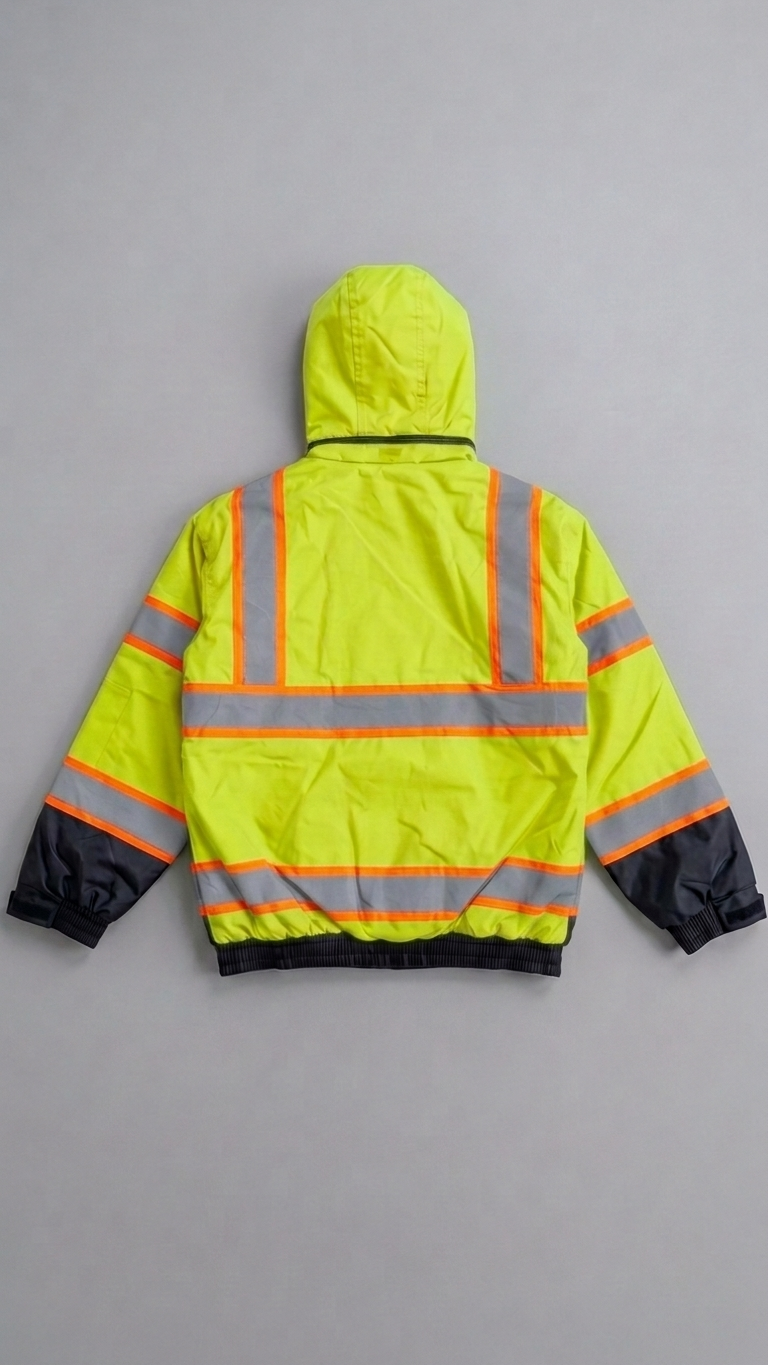 High-visibility safety jacket with reflective stripes on a gray background