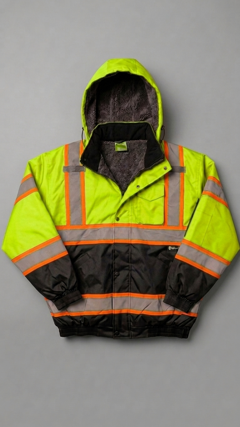 Reflective safety jacket with high-visibility lime green and black colors on a gray background