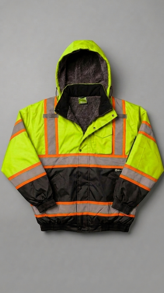 Reflective safety jacket with high-visibility lime green and black colors on a gray background