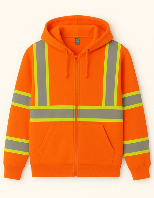 Orange safety hoodie with reflective stripes on a white background