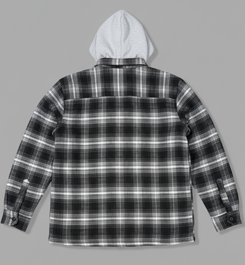 back of black padded Plaid flannel shirt with a hood on a gray background