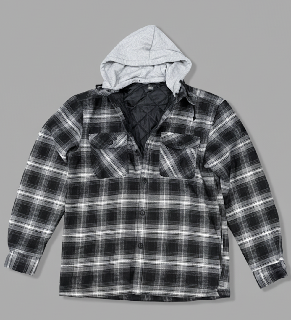 black padded Plaid flannel shirt with a hood on a gray background