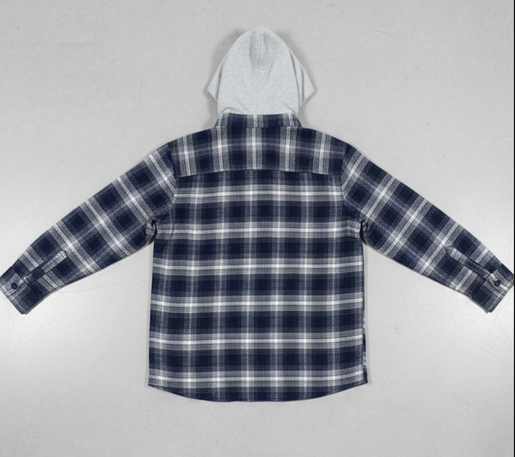 back of navy blue padded Plaid flannel shirt with a hood on a light gray background