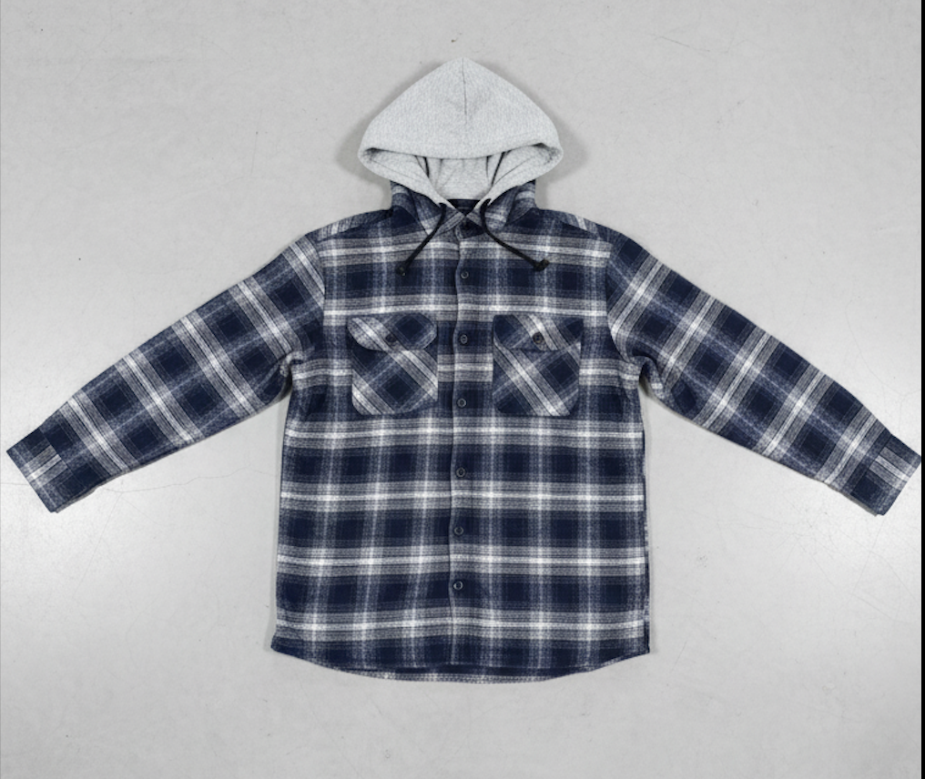 navy padded Plaid flannel shirt with a hood on a light gray background