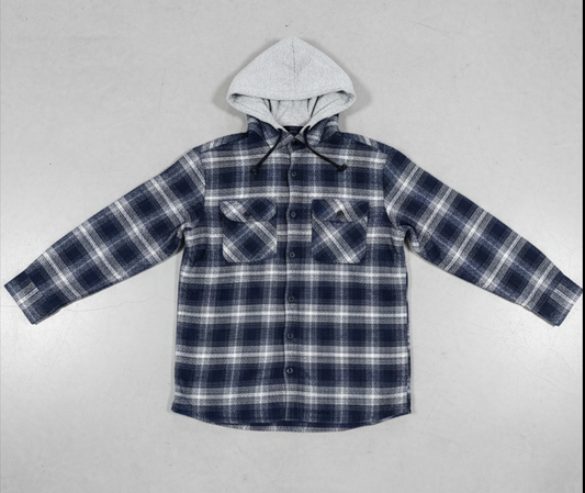 navy padded Plaid flannel shirt with a hood on a light gray background