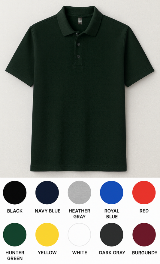 green polo shirt with color swatches below on a white background