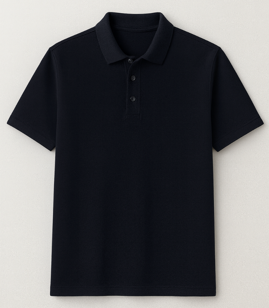 Black polo shirt on a light gray background