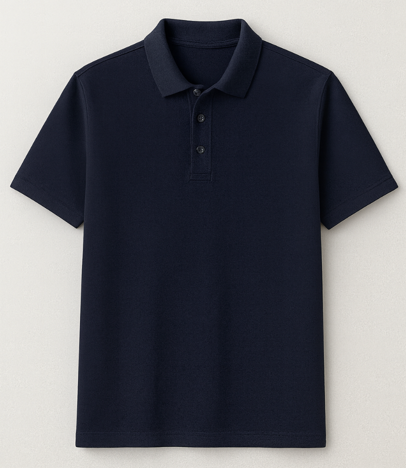 Navy blue polo shirt on a light gray background
