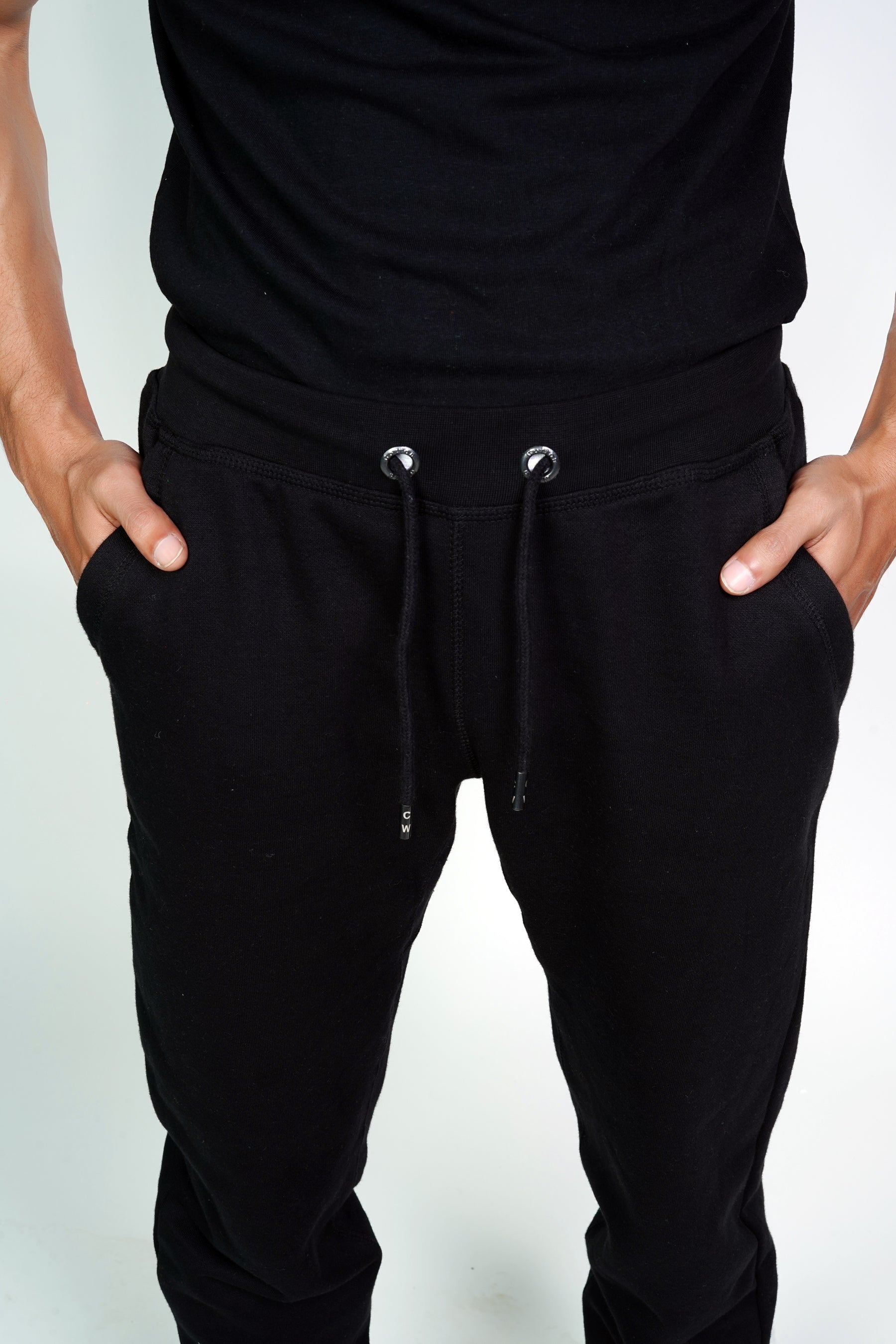 front of black colored jogger pants