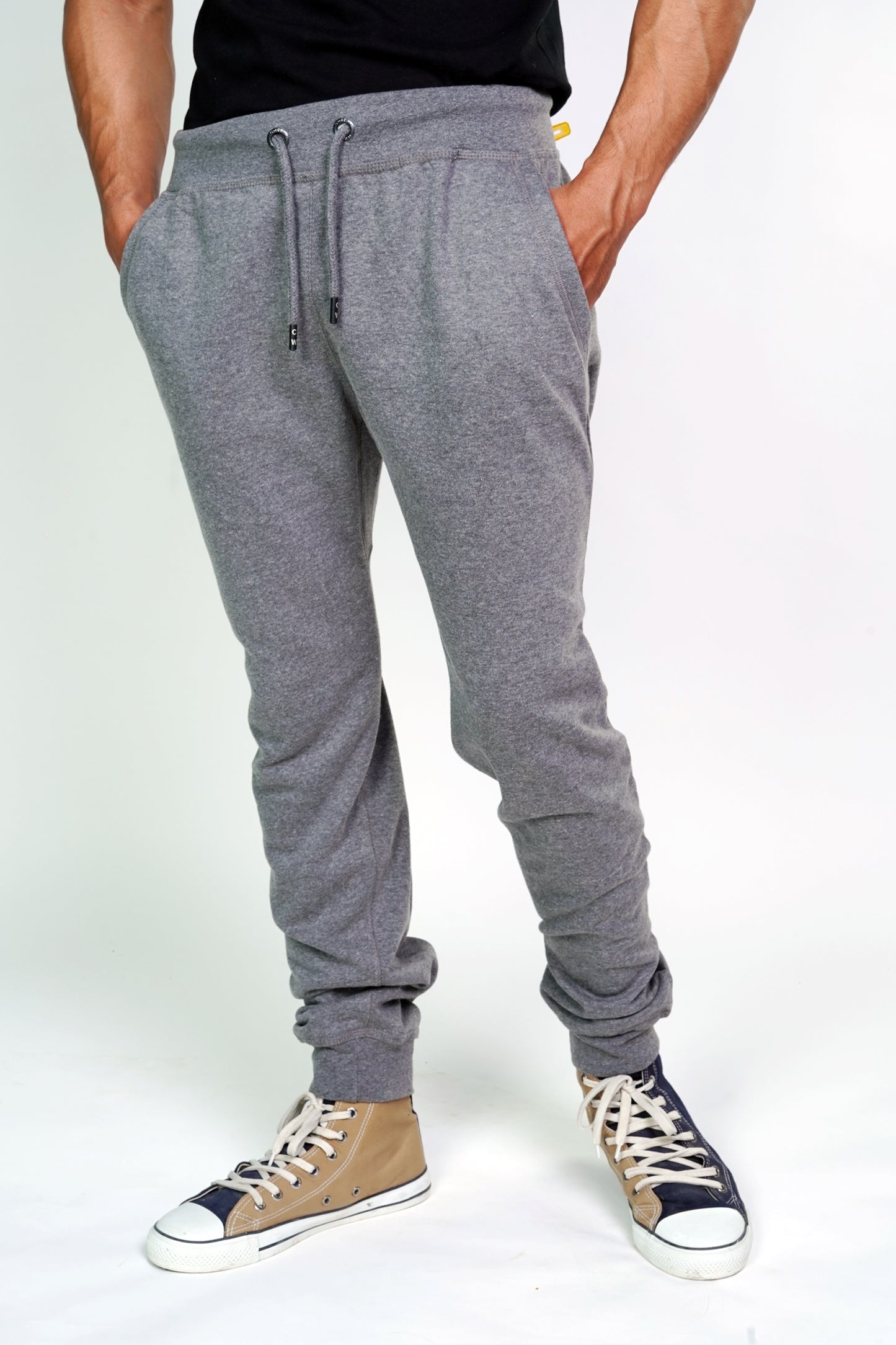 front of charcoal colored jogger pants