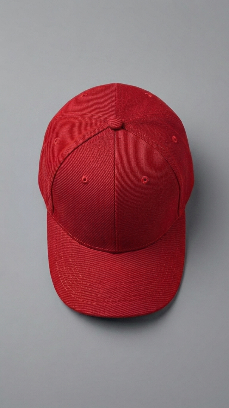 top of Red baseball cap on a gray background