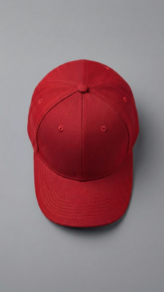 top of Red baseball cap on a gray background
