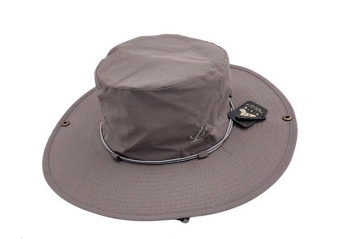 Gray wide-brimmed hat with mesh design on a white background