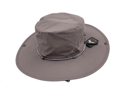 Gray wide-brimmed hat with mesh design on a white background