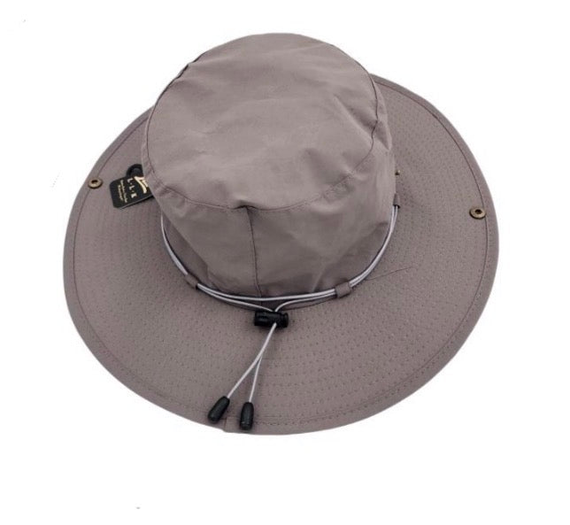 Gray wide-brimmed hat with chin strap on a white background