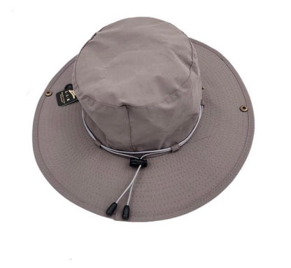 Gray wide-brimmed hat with chin strap on a white background