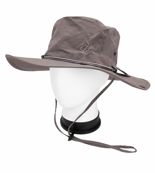 Brown wide-brimmed hat on a mannequin head with a white background