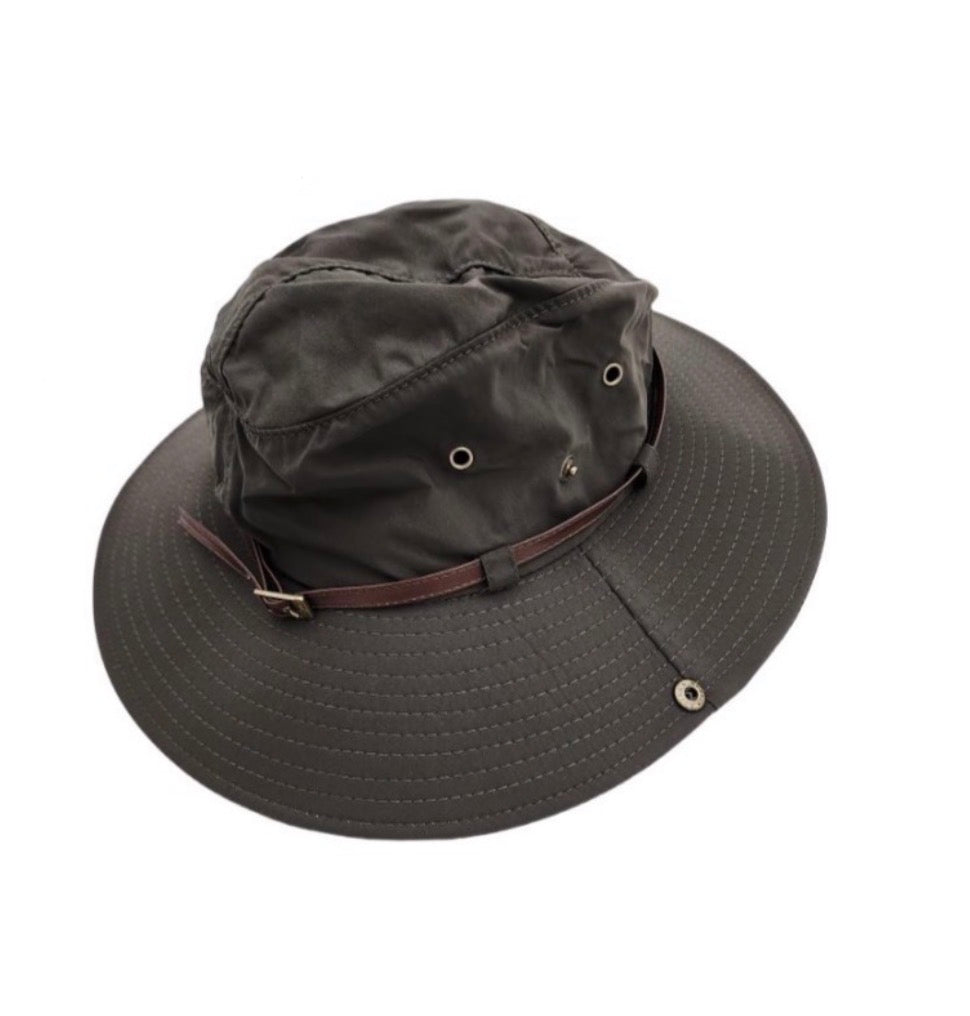 Brown wide-brimmed hat with a leather strap on a white background