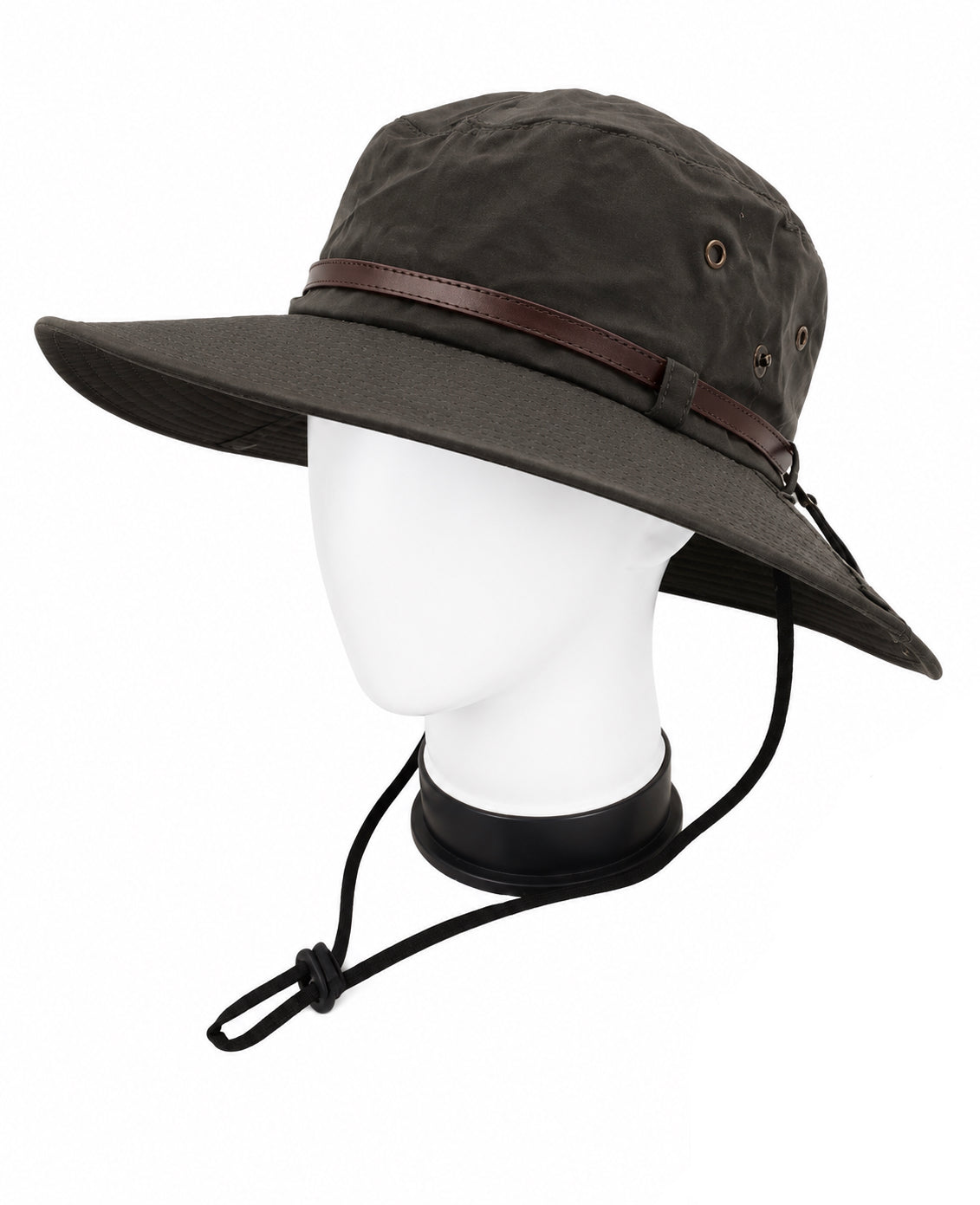 Brown wide-brimmed hat with leather band on a mannequin head against a white background