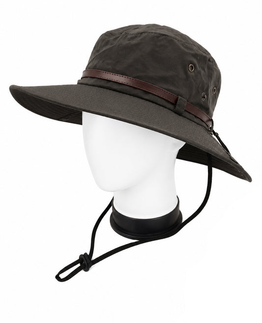 Brown wide-brimmed hat with leather band on a mannequin head against a white background