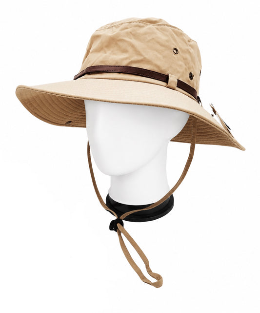 Beige bucket hat with brown band on a mannequin head against a white background