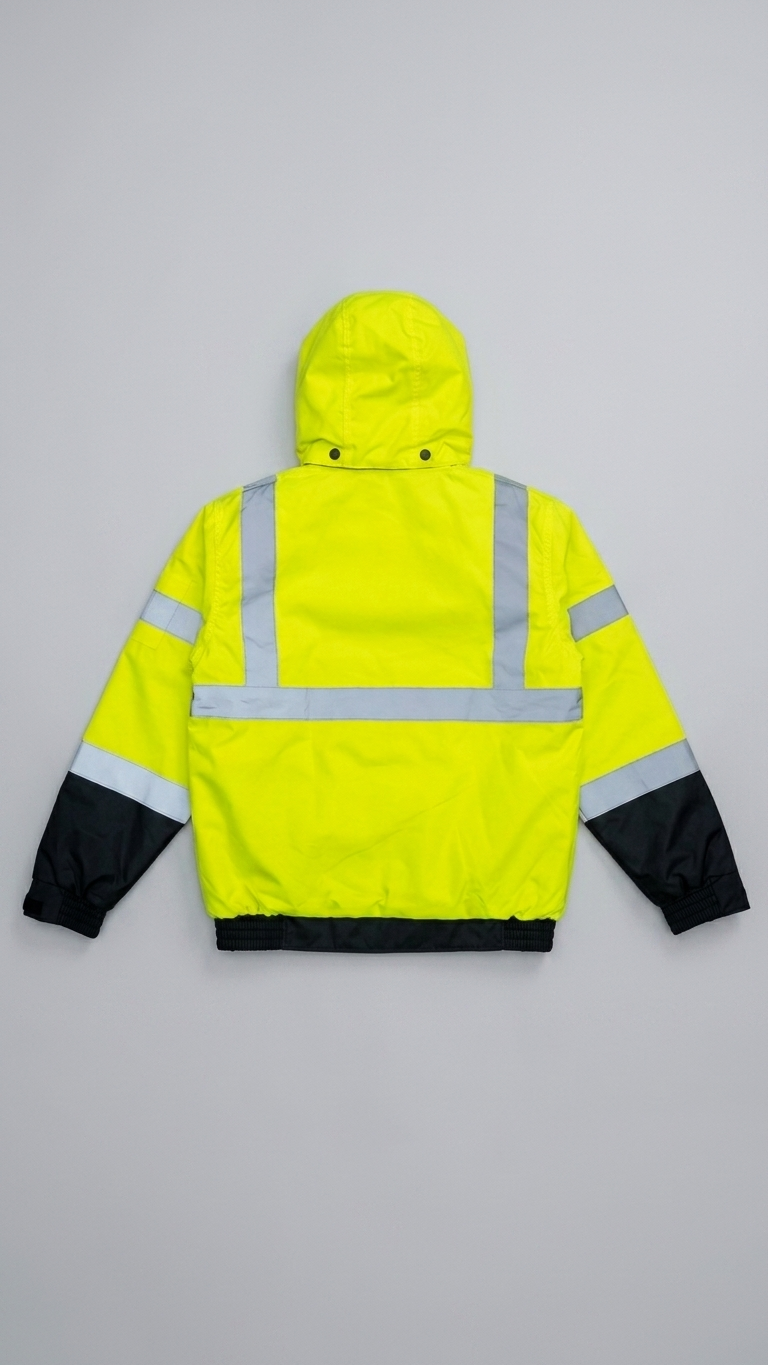 High-visibility jacket with reflective stripes on a gray background