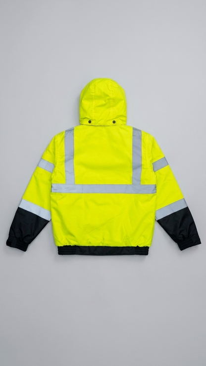High-visibility jacket with reflective stripes on a gray background