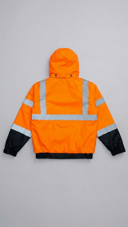 Orange safety jacket with reflective stripes on a gray background