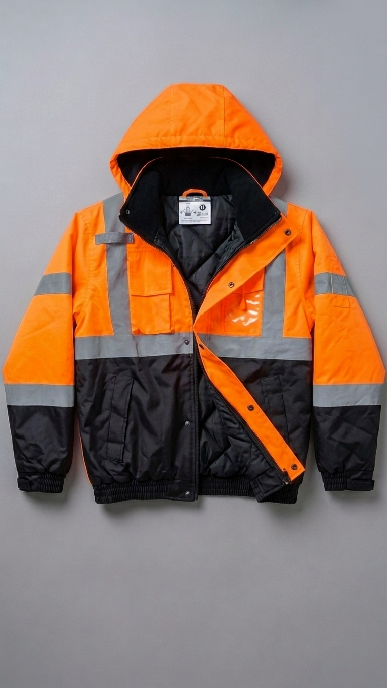 Orange and black safety jacket with reflective stripes on a gray background