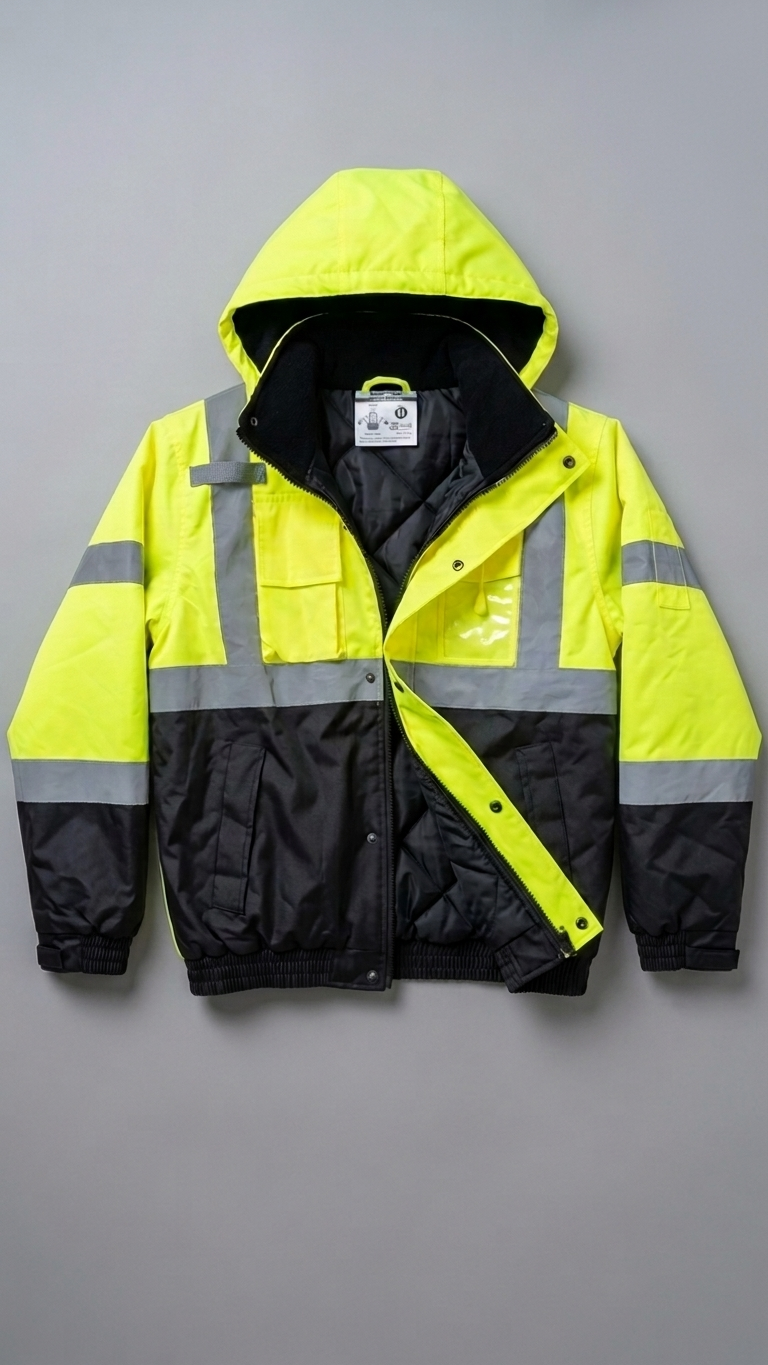 Reflective safety jacket with yellow and black colors on a gray background