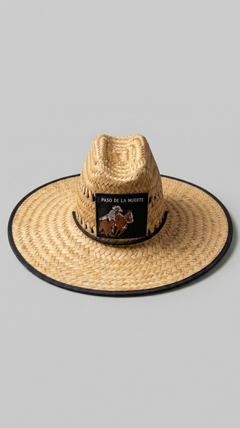 A straw cowboy hat with a black brim edge and a black band featuring a logo patch that reads 'PASO DE LA MUERTE'.