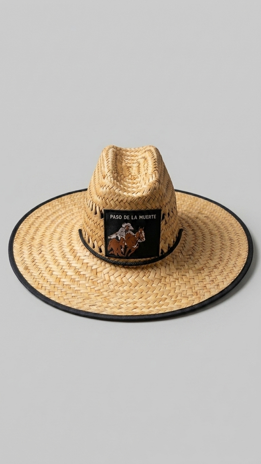 A straw cowboy hat with a black brim edge and a black band featuring a logo patch that reads 'PASO DE LA MUERTE'.