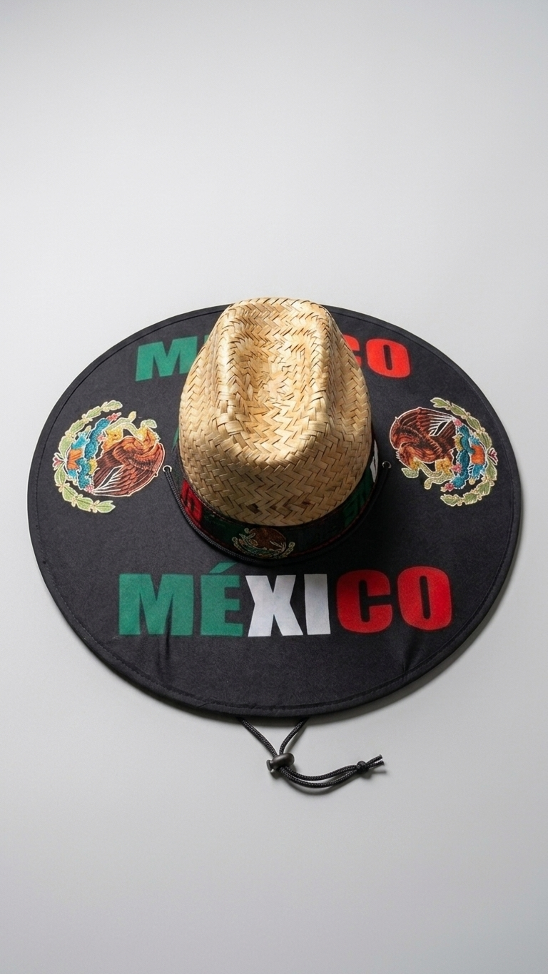 A black sombrero-style hat with 'MÉXICO' printed in green, white, and red across the brim, flanked by Mexican coat of arms emblems, with a straw hat placed on top. A black drawstring hangs below the brim.