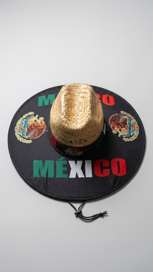 A black sombrero-style hat with 'MÉXICO' printed in green, white, and red across the brim, flanked by Mexican coat of arms emblems, with a straw hat placed on top. A black drawstring hangs below the brim.