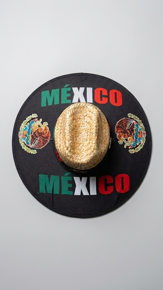 A black sombrero-style hat with 'MÉXICO' printed in green, white, and red across the front, flanked by two Mexican coat of arms emblems, with a natural straw crown centered on a light gray background.