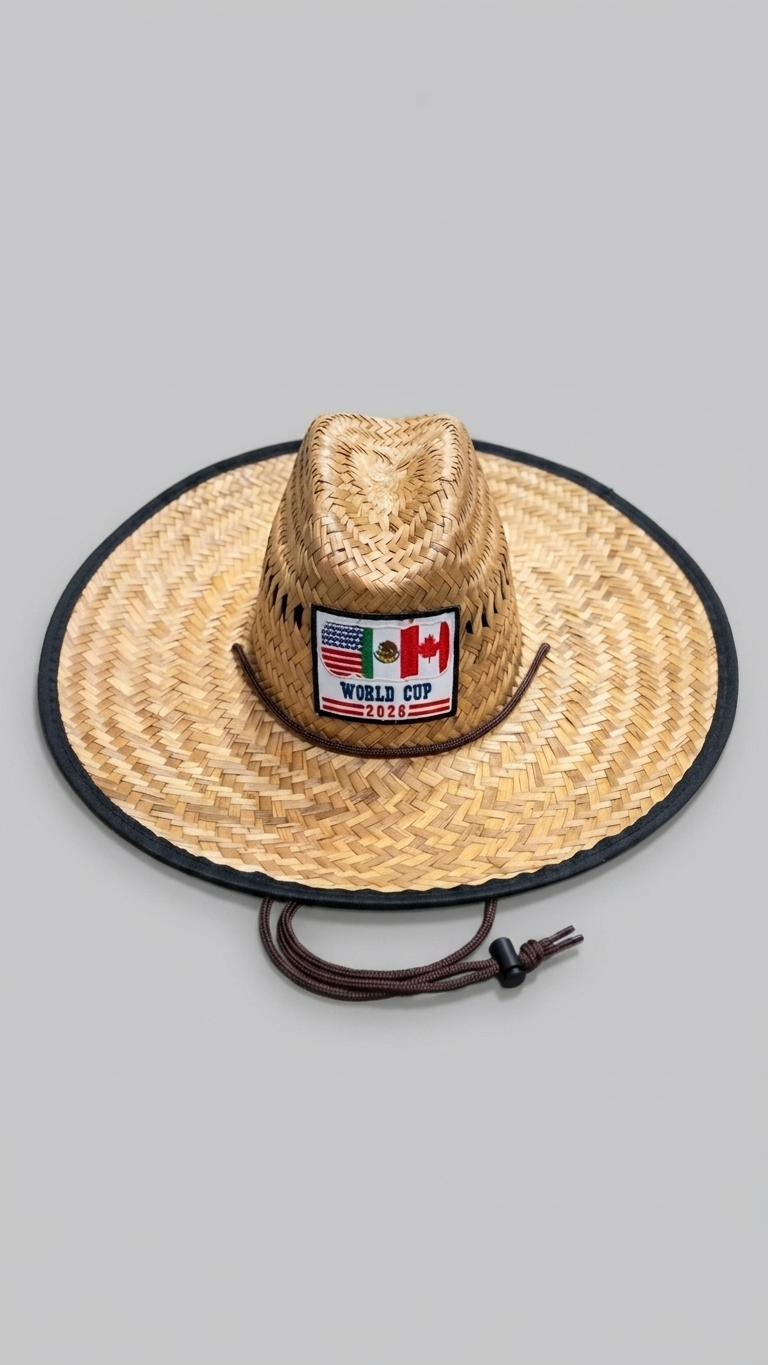 A woven straw cowboy hat with a black brim edge and a drawstring, featuring a front patch that reads 'WORLD CUP 2022' with Canadian flags, shown on a plain gray background.