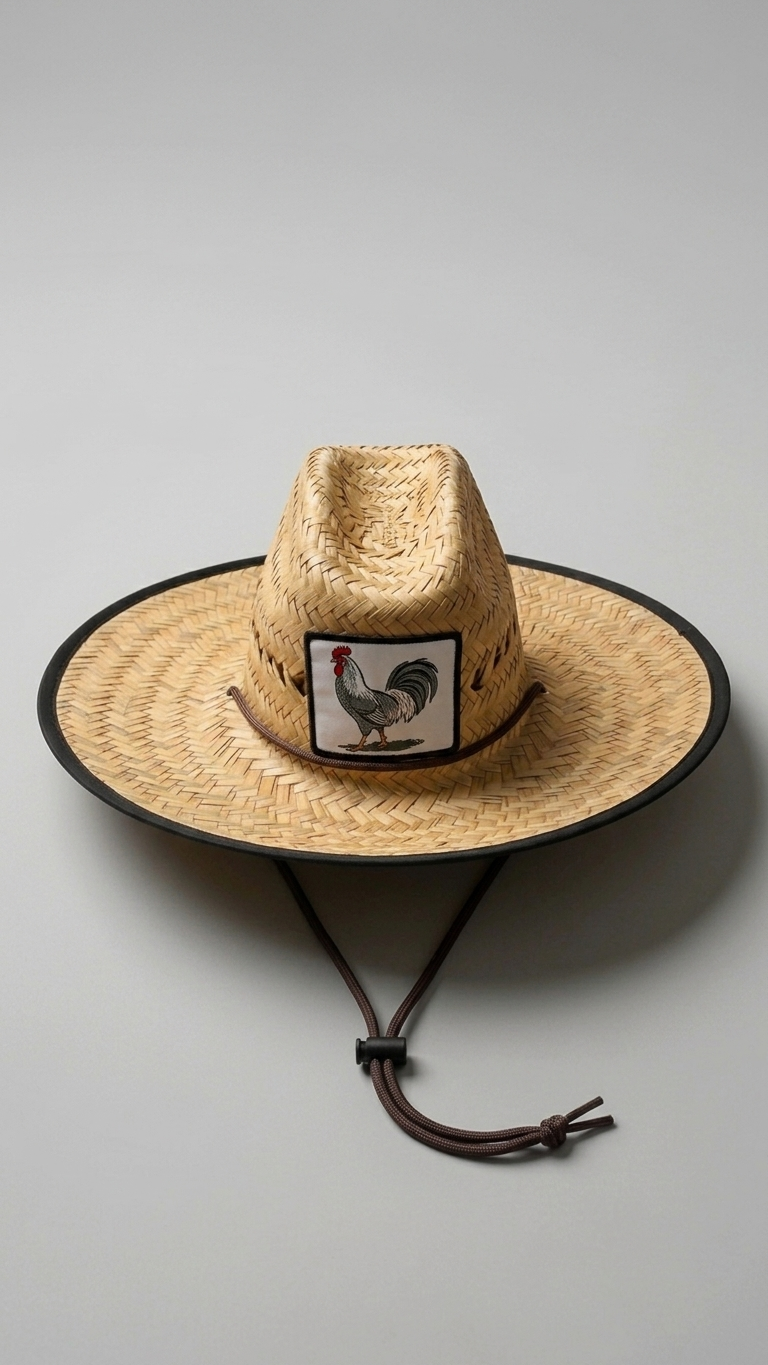 straw hat with white chicken embroidery style patch on the front.