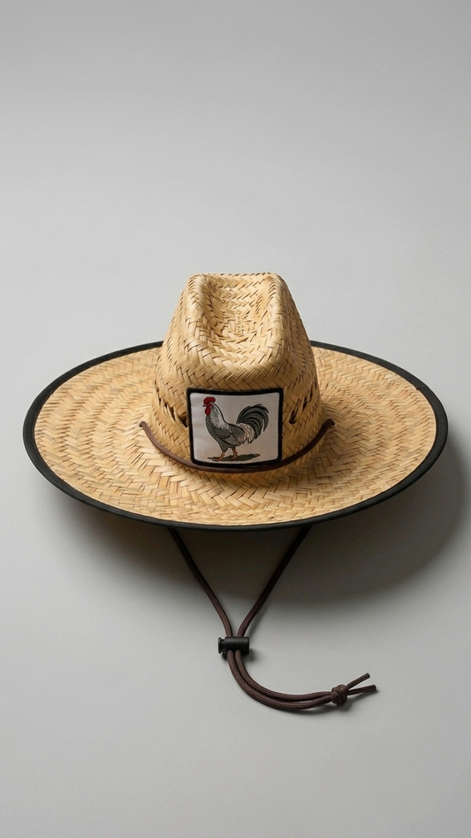 straw hat with white chicken embroidery style patch on the front.